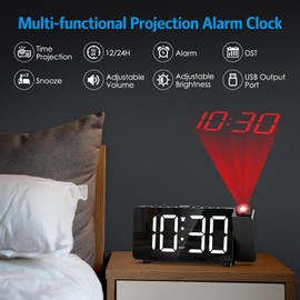 AMIR Projection Alarm Clock for Bedroom Ceiling, Digital Clock with 180° Projector, 5 Level Brightness, Snooze, Night Mode, USB Charger, Loud Alarms for Kids,Heavy Sleepers, 12/24H, DST