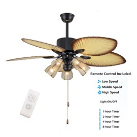 Tropical Ceiling Fans with Remote Control 52inch Wood Palm Leaf Fanlight 3-Speed 5 Palm Tropical Blades Lamp Fixture with 5 Glass Lampshade for Living Room Bedroom