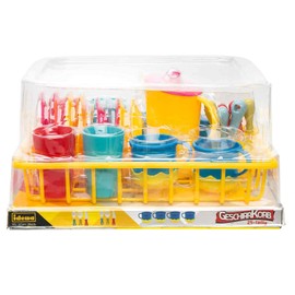 Idena 40185 Household Toy Crockery Basket 25 Pieces, Accessories for Play Kitchen with Plates, Cups, Glasses, Cutlery and Jug, for Children, for Playing and Learning Practical Skills
