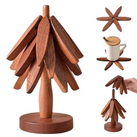 Tree Coasters, Wooden Trivets for Hot Dishes, Trivets for Hot Pots and Pans, 3 Wooden Trivet with Stand, Tree Shape Trivet Set Coaster for Hot Dishes, Pot, Bowl, Coffee, Teapot, Walnut