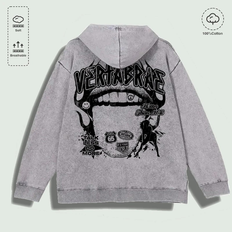 100% Cotton Washed "Vertabrae Edgy Graphic Collage" Hoodie, Multi -
