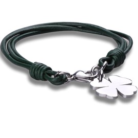 Feilok Fashion Unisex Stainless Steel Leather Braid Four Leaf Clover Bracelet Bangle, Green