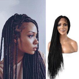 RESHE 33" Afro Box Braided Wigs For Women Knotless Braids Wig Synthetic Braided Wig With Baby Hair 6 1/2"X13" Lightweight HD Lace Front Braided Wigs Natural Looking (#1B)
