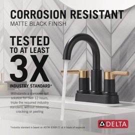 Delta Nicoli Centerset Matte Black/Brushed Gold Bathroom Faucet, 4 Inch 3 Hole Bathroom Sink Faucet for Vanity, Push-Pop Drain Assembly, Matte Black/Champagne Bronze 25749LF-GZ