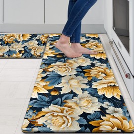 Blue Yellow Kitchen Mats for Floor 2 Piece, Spring Floral Anti Fatigue Mats for Kitchen Floor, Flower Kitchen Mats Cushioned Anti Fatigue, Kitchen Rugs Non Slip, 17"x47"+17"x29"