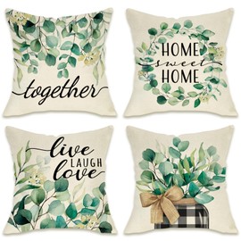 Fahrendom Spring Summer Eucalyptus Leaves Decorative Throw Pillow Covers 20 x 20 Set of 4, Home Sweet Home Together Porch Patio Outdoor Pillowcase, Live Laugh Love Mason Jar Cushion Case Home Decor