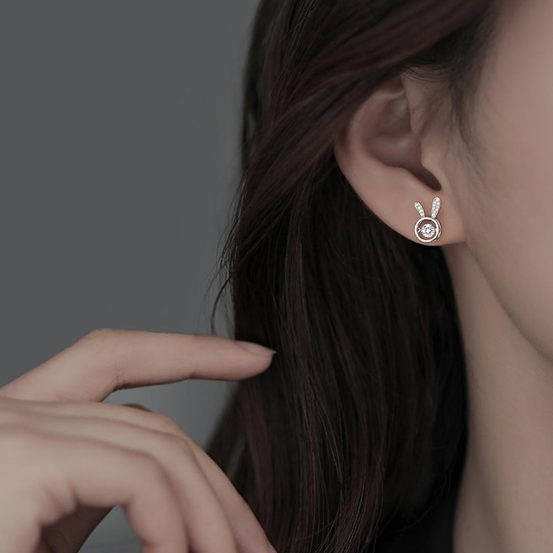 MIKAMU Women's Rabbit Earrings, Diamond, 925 Silver, Sterling Silver, Hypoallergenic,