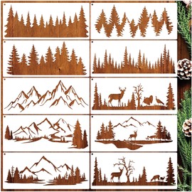10 Pieces Pine Tree Stencils for Painting, Mountain Stencil Template Reusable Forest Deer Stencils for Wood Burning Canvas Paper Fabric DIY Craft Window Wall Furniture (10 Pine Tree Deer)