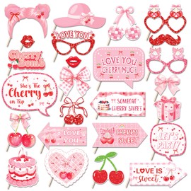 CC HOME 25Pcs Cherry Photo Booth Props, Pink Sweet Cherry Bomb Party Decorations Favor for Summer Fruit Theme Birthday Party Supplies Essentials with Sticks and Glues