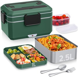 Electric Lunch Box Food Heater: 3.5 Liters Double Layer Heated Lunch Box for Adults, 90W Food Warmer for Car/Truck/Office Use, Ideal for Men, Women, Adults with Fork & Spoon and Insulated Carry Bag