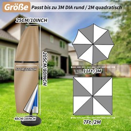 wiipara Parasol Protective Cover with Rod, Cover for Parasol 2 m to 3 m Large Cantilever Parasol Protective Cover, UV Protection, Weatherproof, Windproof and Snow-Proof, Khaki, 205 x 25/57/48 cm