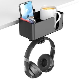 KDD 4 en 1 Portavasos de Escritorio - Gancho Bajo Escritorio para Auriculares - Colgador Giratorio para Auriculares y Almacenamiento de Escritorio Desmontable para Taza, Teléfono y Bolígrafo(Negro)