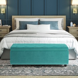 SIMPLIHOME Hamilton 48 inch Wide Rectangle Lift Top Storage Ottoman in Upholstered Aqua Blue in Velvet fabric with Large Storage Space for Living Room, Entryway, Bedroom, Transitional