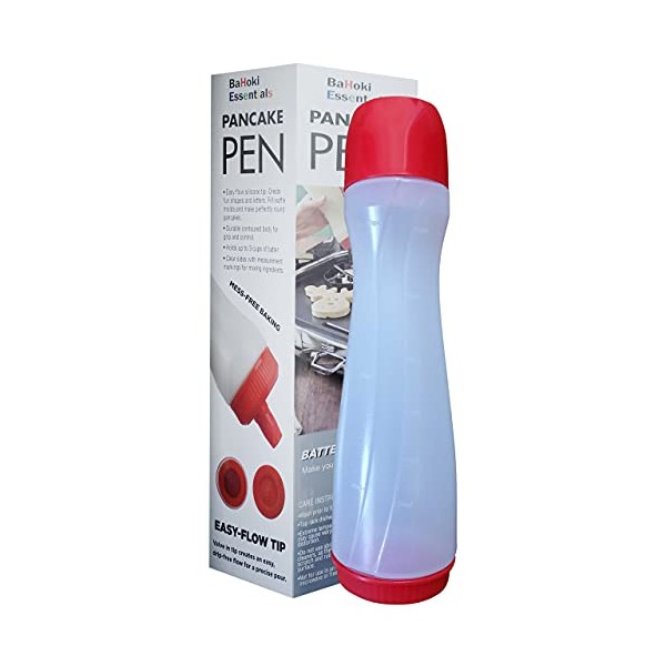 Bahoki Essentials Pancake Pen - Easy Squeeze Pancake Art Plastic Bottle Container - Pancake and Crepe Batter Mixer and Dispenser - Kitchen Baking Tool and Supplies - Drip Free Silicone Nozzle