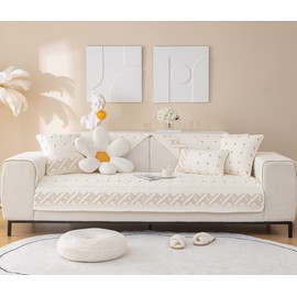 vctops Solid Color Cotton Quilted Sofa Couch Cover Weave Pattern Soft Sectional Couch Covers Embroidery Non-Slip Sofa Slipcover for Dogs, Children, Pets Furniture Protector (Cream,28"x28")