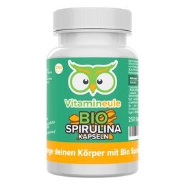Bio Spirulina Kapseln - hochdosiert 500 mg - bioaktiv & vegan - Produktion in Deutschland - ohne Zusatzstoffe & laborgeprüft - für Erwachsene und Kinder - 250 Kapseln - Vitamineule®