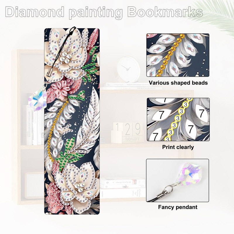 MVVMTOP 4pcs 5D Diamond Art Painting Bookmarks with Crystal Pendant,