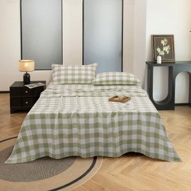 EVERLY Linen Sheets Set Full Size,100% French Stonewash Pure Linen Sheets Set,4Pieces (1Flat Sheet,1Fitted Sheet,2Pillowcase) Suitable for Hot Sleepers,Deep Pocket Natural Bedding Set-Green Plaid