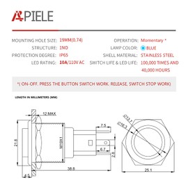 19mm Momentary Push Button Switch, APIELE 10A 1NO Stainless Steel IP65 Waterproof Switch (110V AC LED High Round)
