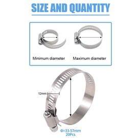 Glarks 20pcs 304 Stainless Steel Adjustable 33-57 mm Range Worm Gear Hose Clamps Assortment Kit, Fuel Line Clamp for Water Pipe, Plumbing, Automotive and Mechanical Application (33-57 mm)