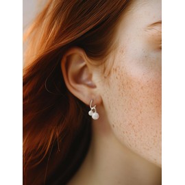 Noir Horse Double Pearls Stud Earrings - Dainty White Gold Plated 925 Sterling Silver Dangle, 8mm and 6mm White Round Pearls Drop, Wedding Jewelry for Brides Bridesmaid