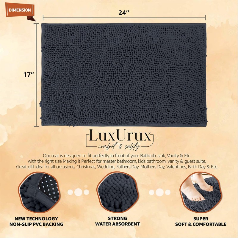 LuxUrux Bath Mat-Extra-Soft Plush Bath Shower Bathroom Rug, 1'' Chenille