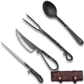 Ironsmith Co. Hand-Forged Medieval Dining Set | Includes High Carbon Steel Knife, Fork, Spoon And Skewer | Great for Costumes or Re-Enactments | Leather Storage Case Included