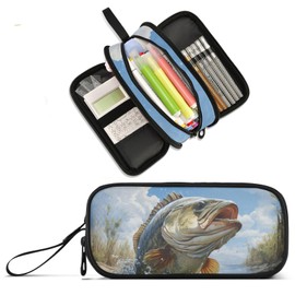 XUWU Bass Fish Large Capacity Pencil Case Pencil Pouch Office School Large Storage Pen Bag 3 Compartment pencil box for Adults School Teen Girl Boy Men Women