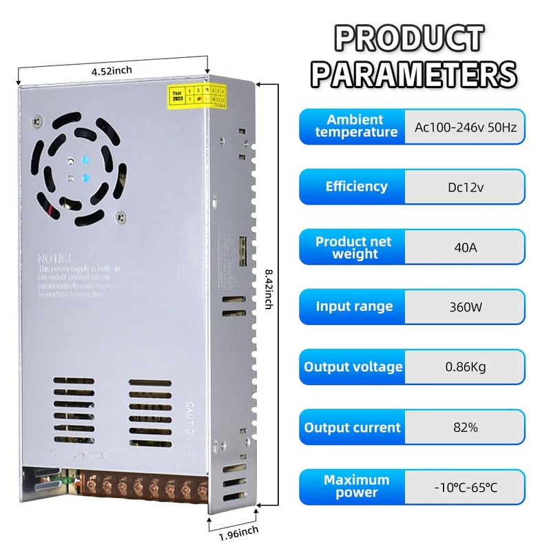 HuanQiuSensmart 110V AC to 12V DC Transformer, 12V 500W 40A