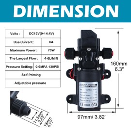DIANQI Pump Sprayer Water Pressure Pump12v DC 70W 0.9MPA 130psi Home Booster Pump diaphragm pump Connected to 11.5mm/0.45inch 17.3mm/0.68inch Pipe for 4-6L/Min Self Priming Pump for Camping Boat