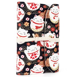 Coopay Fixed Circular Needle Case, Compact Circular Needle Holder Roll Bag, Small Circular Knitting Needles Organizer with 11 Clear Zipper Pockets for Short or Long Circular Pins Storage, Cat