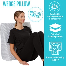 Cooling Wedge Pillow - 10 Inch Bed Wedge Pillow - 24 Inch Wide Incline Support Cushion for Lower Back Pain, Pregnancy, Acid Reflux, GERD, Heartburn, Allergies, Anti Snore – Soft Removable Cover