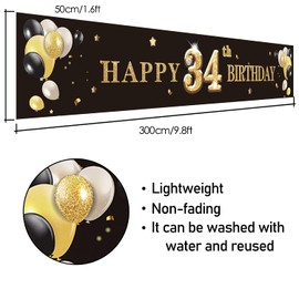 PAKBOOM Happy 34th Birthday Backdrop Banner Cheers to 34 Years Old Decorations Party Supplies Sign Black