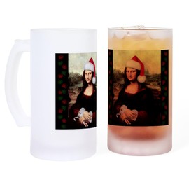CafePress Christmas Mona Lisa Wearing A Santa Hat 16 oz Frosted Glass Beer Mug