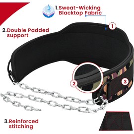 Weight Lifting Dip Belt with Chain – 6.5’’ Wide, 10mm Extra thick Dipping Belt with 27” Heavy Duty Steel Chain for Dips, Pull Ups, Gym Lifting, Powerlifting, Workout, Weight Belt (Camo)