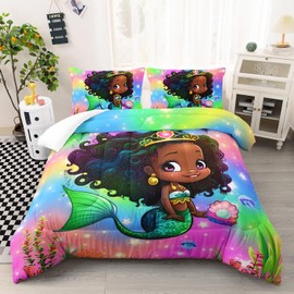 AILONEN Mermaid Comforter Set for Kids Girls Twin Size, Cute Black Girl Mermaid Pattern with Ocean Life Bedding Set,Rainbow Bed in a Bag,3 Pieces,1 Quilt and 2 Pillowcases,Soft Microfiber