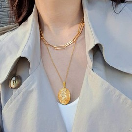 U7 Vintage European Picture Photo Locket, Customisable, Oval Round Pendant Necklace, Amulet Gift, Pendant for Opening, for Pictures, Yellow Gold / White Gold Plated