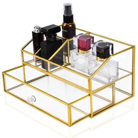 Enenes 9.6 x 5.5 x 5 INCH Makeup Brush Holder, Glass Cosmetic Organizer for Desk Gold Fancy Makeup Organizer Clear Jewelry Storage Case (Double-deck)