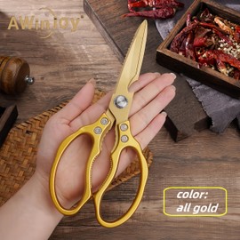 AWinjoy Kitchen Scissors, Heavy Duty Sharp Kitchen Shears Dishwasher Safe, Kitchen Accessories Cooking Shears for Kitchen Meat Chicken Fish Poultry Herb Bread (All Gold), skr-05