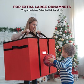 Christmas Extra Large Ornament Storage Container - Box Stores Up to 48 – 6” Ornaments – With 4 Individual Trays -Heavy Duty 600D Tear Resistant Material, Zippered, Adjustable Dividers.