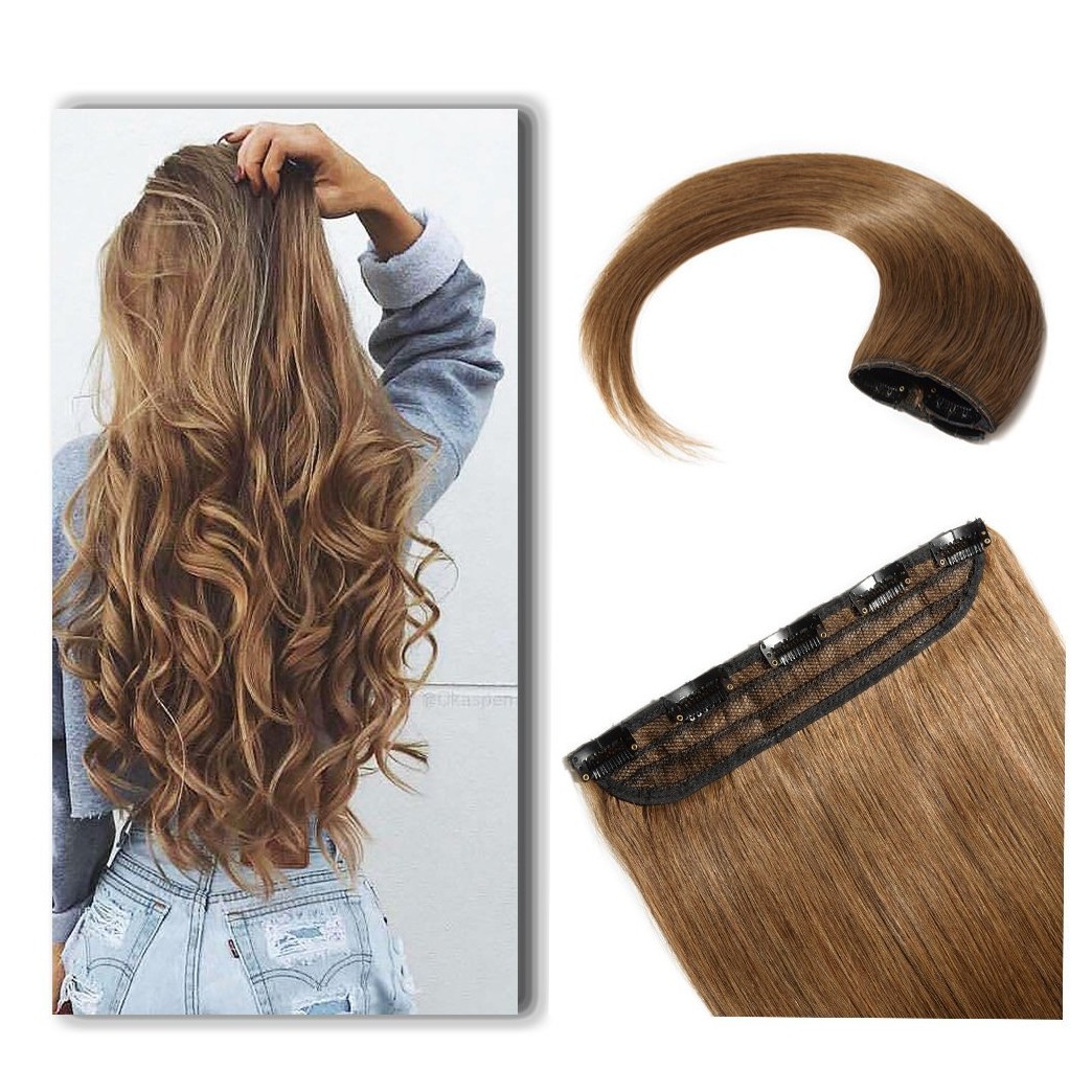 100% Human Hair Clip in Extensions 14 Inch 45g One-piece 5 Clips Long Straight Clip on Hairpiece Half Head for Women Wide Standard Weft Soft Silky #6 Light Brown