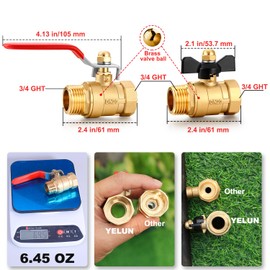 YELUN Garden Hose Brass Shut Off Valve Full Flow, No Restricted-Flow Water Shut-Off Connector, 3/4" GHT x 3/4" GHT Garden Hose Full Port Ball Valve Adapter (Long Handle and Butterfly Handle)