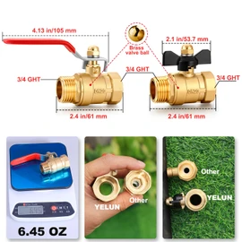 YELUN Garden Hose Brass Shut Off Valve Full Flow, No Restricted-Flow Water Shut-Off Connector, 3/4" GHT x 3/4" GHT Garden Hose Full Port Ball Valve Adapter (Long Handle and Butterfly Handle)