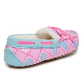 Laura Ashley Girls Plaid Moccasin with Faux Fur Lining, Indoor Outdoor Easy to Wear Home Shoes for Kids