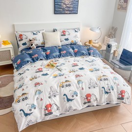 LAYENJOY Dinosaur Duvet Cover Set Twin Size, 100% Cotton Bedding, Cartoon Jurassic Animal Truck Construction Print on White, 1 Cute Comforter Cover with Zipper 2 Pillowcases for Kids Teens Boys Girls
