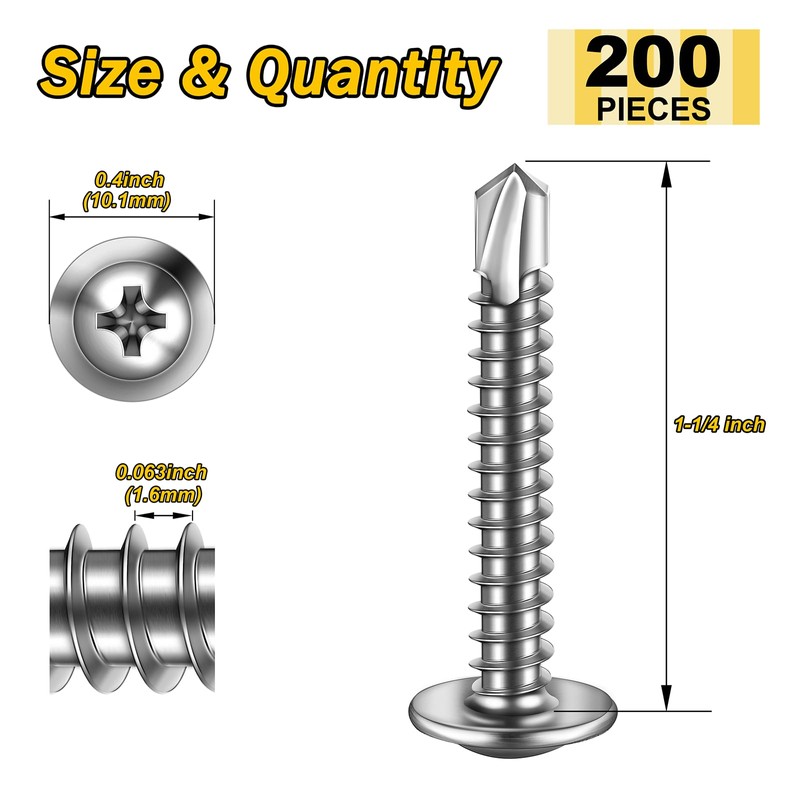 Mywish 200pcs #10×1-1/4" Self Tapping Screws for Metal, Sheet Metal
