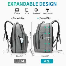 SUIKIHUM Expandable Business Backpack with 17" Laptop Compartment - Waterproof, Airline Approved, 33L-42L Capacity, for Work & Travel, Gray