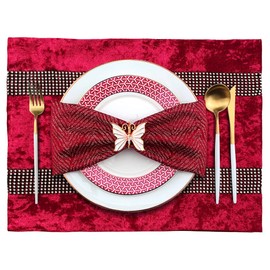 Jiino Place Mats Burgundy Christmas Placemats Set of 4 for Dinner Table Washable Table Mats Sequins Rhinestones Placemats Raspberry Red
