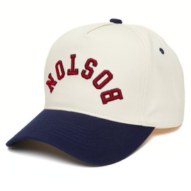 Funky Junque Retro Boston Hat – Baseball Cap with Upside Down City Arched Embroidery – Unisex Adjustable Snapback for Game Day, Streetwear – Boston (Navy/Beige)