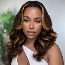 Tinashe Human Hair Wig Glueless Face-Framing Curtain Bangs Loose Body Wave 6×5 HD Lace Front Bob Highlight Blonde Closure Wigs Human Hair Pre Cut Bleached Knots Wigs for Black Women Haircuts 16 Inches